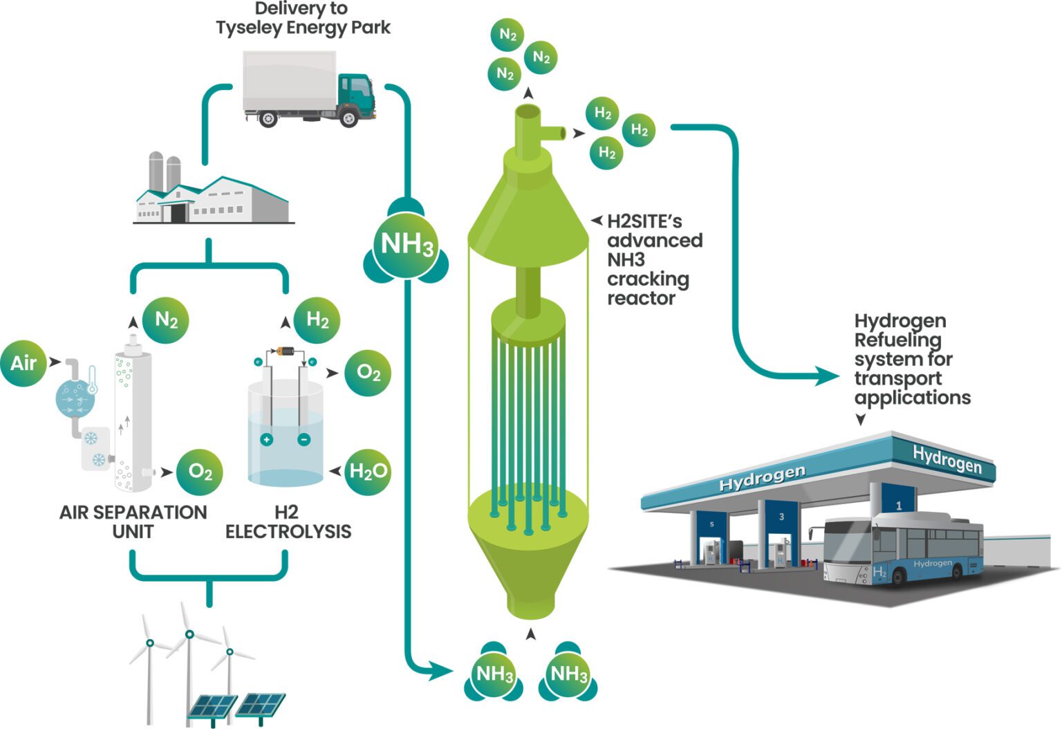 • Renewable electricity from wind and solar is used to power the Electrolysis and Air Separation Unit that provides Hydrogen and Nitrogen to the downstream process to manufacture Green Ammonia